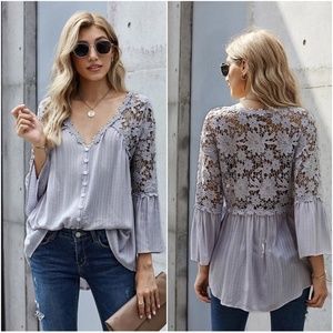 Bohemian Grey Floral Crochet Button up Bell Sleeve Top